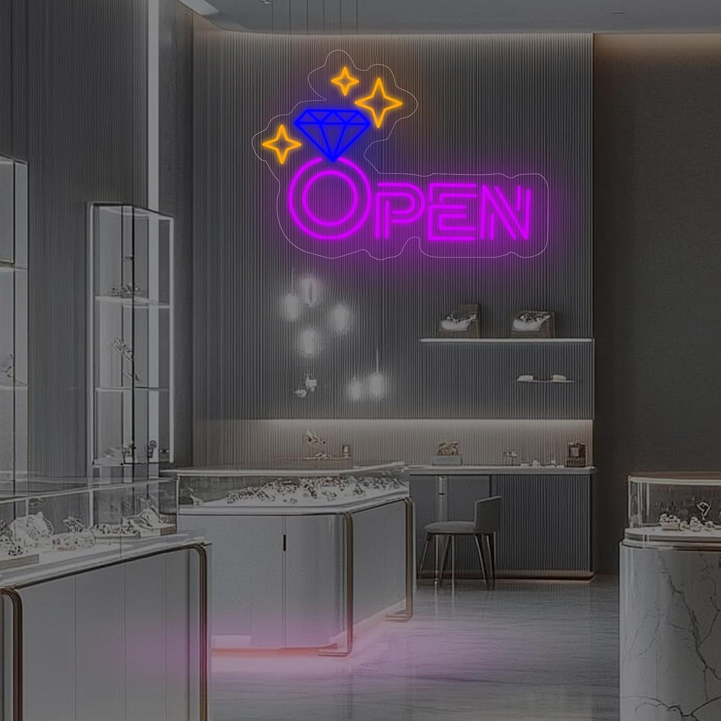 Diamond Open Indoor Neon Sign For Jewelry Store Custom Led Neon Sign Business Decor Store Decor Diamond LED Light Wall Art Decoration, 16.5"x11", Purple