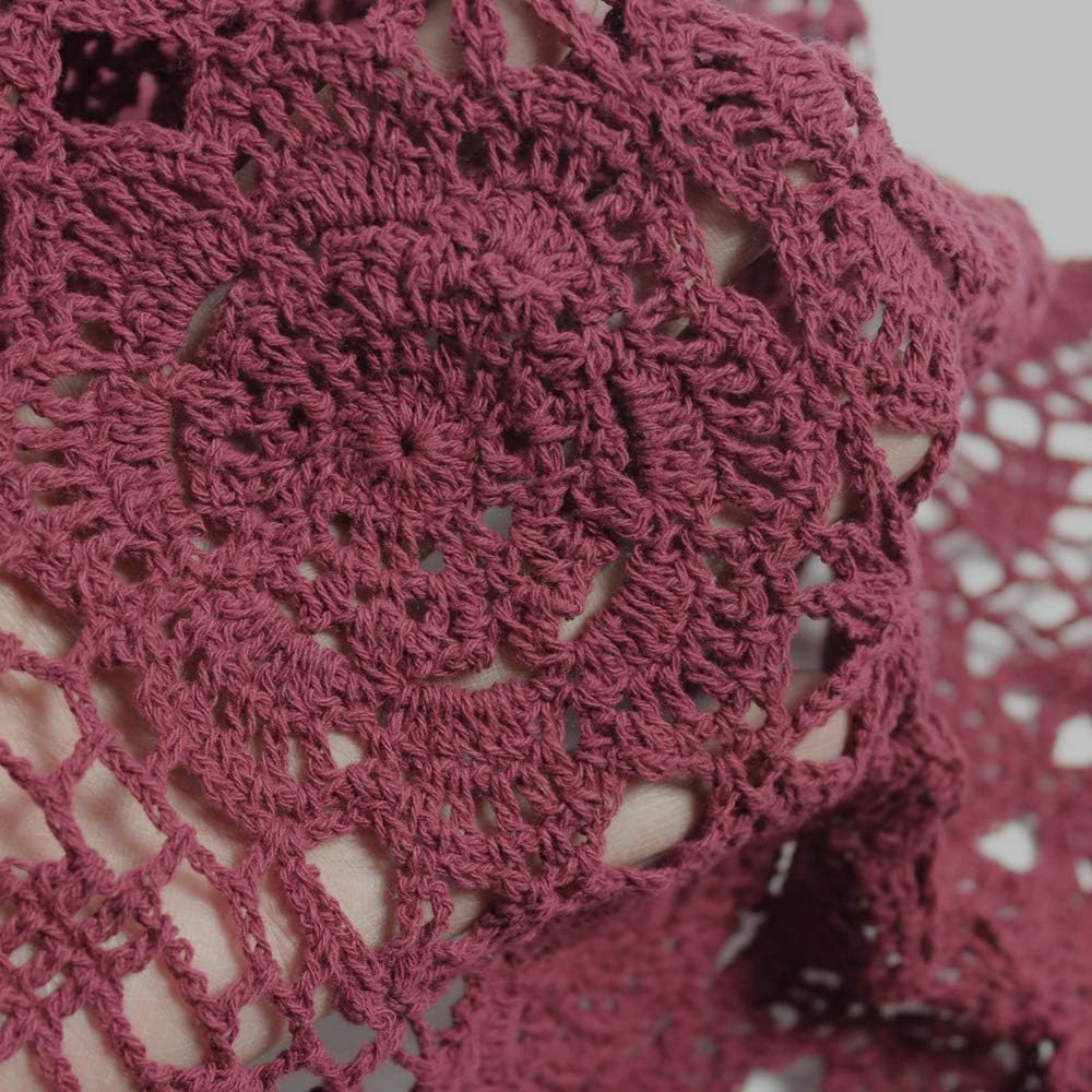 KEPSWET Cotton Handmade Crochet Lace Table Runner Wine Red Rectangle Coffee Table Dresser Decor (14x36 inch)