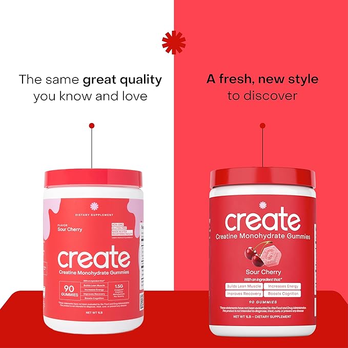 Create Creatine Monohydrate Gummies for Men & Women | 1.5g Creatine per Gummy for Muscle Strength, Endurance, Recovery, & Focus | Vegan, Non-GMO, Gluten-Free | Premium Sour Cherry Flavor | 90 Count