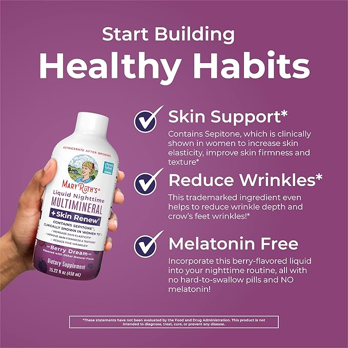 MaryRuth's Liquid Nighttime Liquid Multimineral + Skin Renew | Clinically Shown in Women to Reduce Fine Wrinkle & Improve Skin Firmness | Sepitone | NO Melatonin | Magnesium | Vegan | 15 Servings