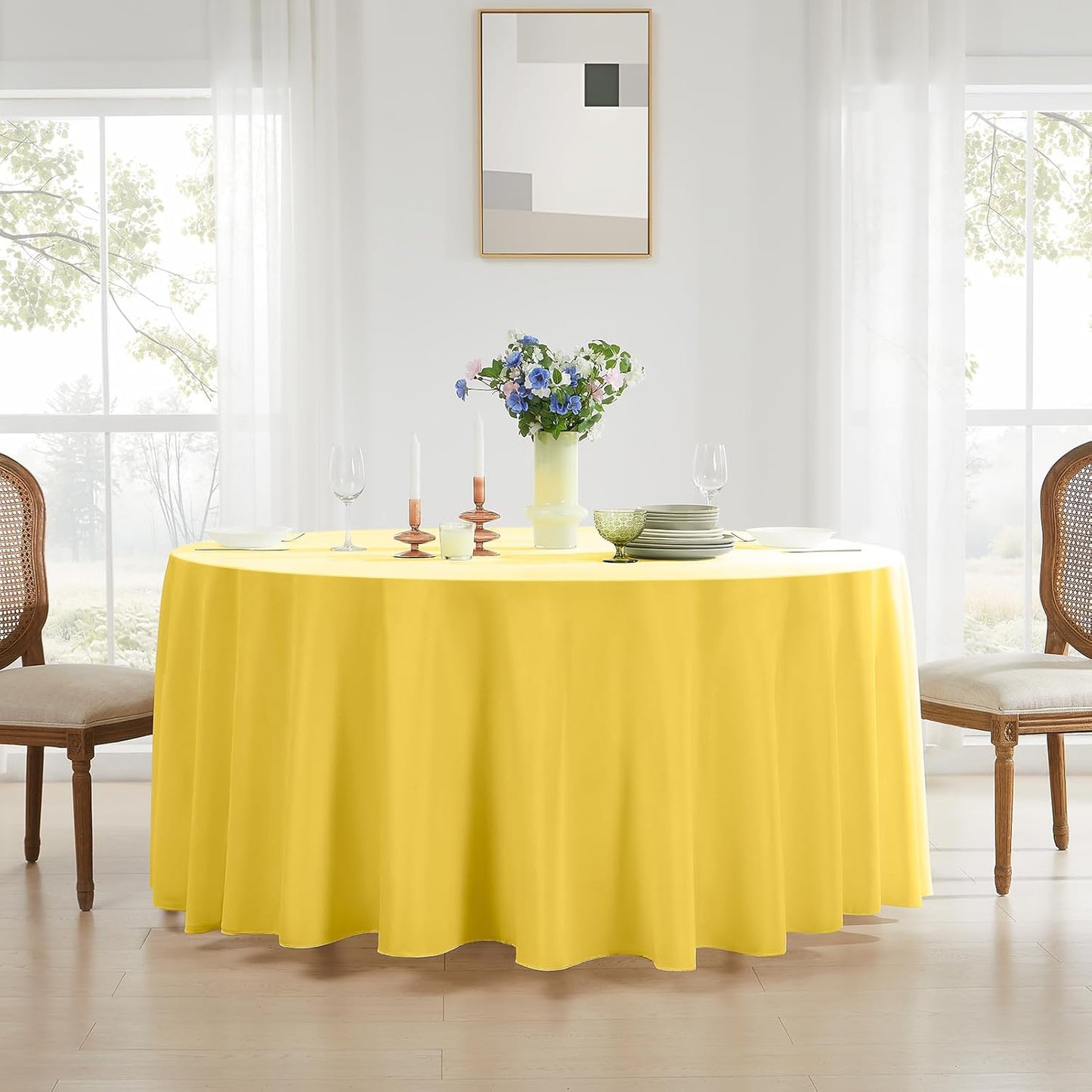 Round Tablecloth 132 Inch 6 Pack Yellow Tablecloths Washable Decorative Linen Polyester Table Clothes Cover for Dining Table Banquets Buffet Parties and Wedding