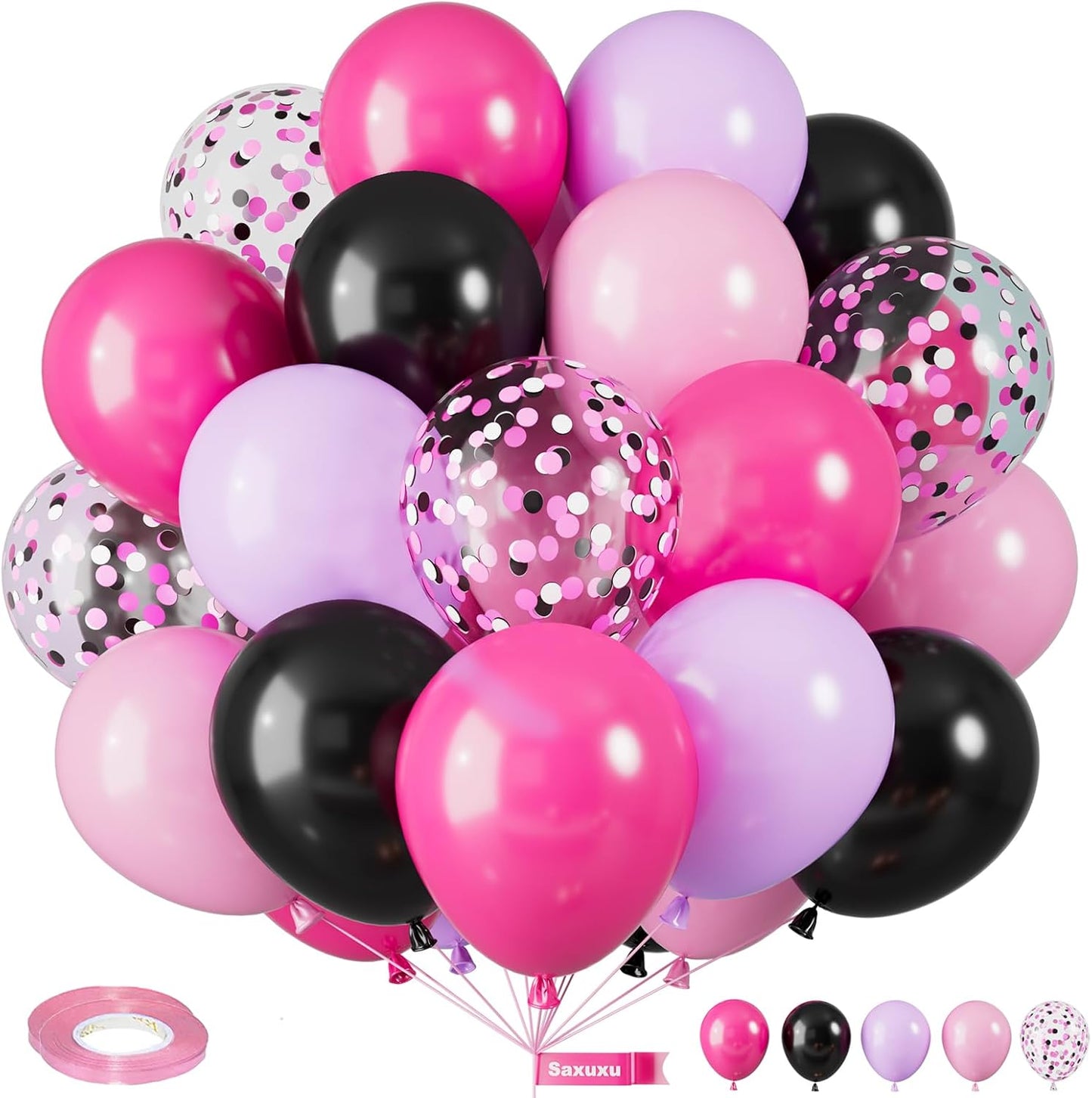Pink Purple and Black Balloons, 12 Inch Black Purple Hot Pink Balloons, Confetti Balloon for Girls Birthday Baby Shower Wedding Bridal Shower Princess Party Decorations