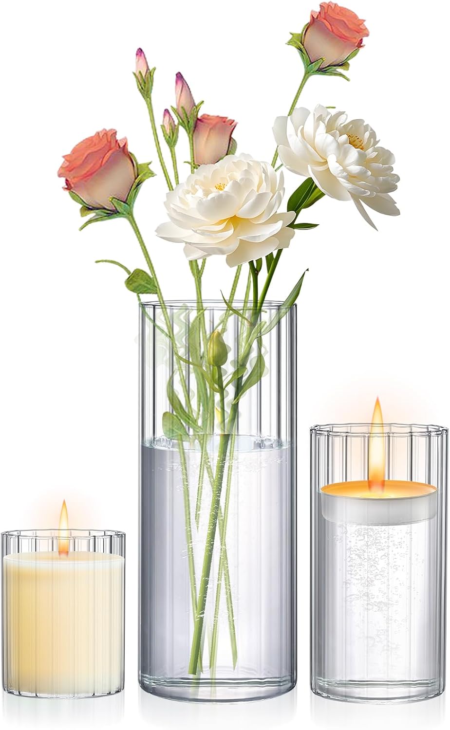 3 Pack Ribbed Glass Cylinder Vases 4,6,10 Inch Tall Clear Flower Vase Hurricane Floating Candle Holder for Table Centerpiece Wedding Home Decor