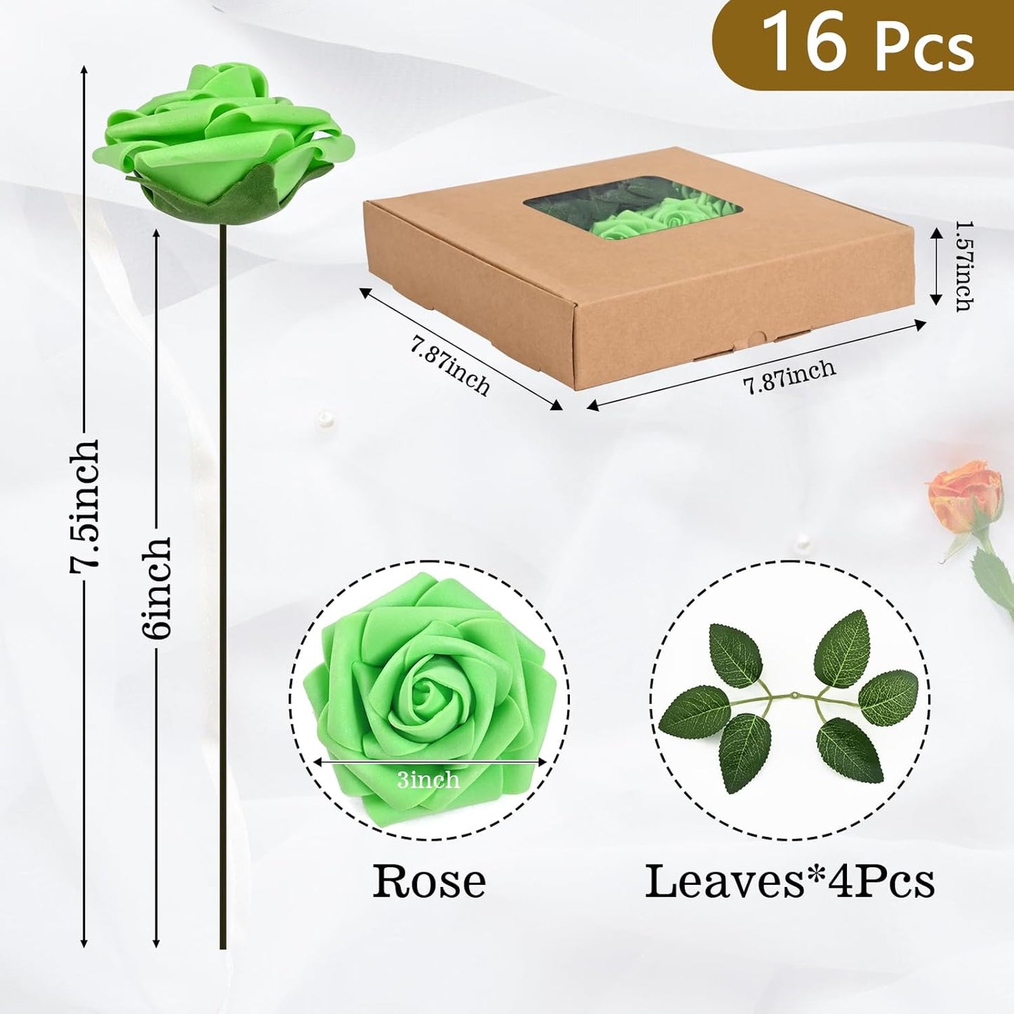 BLEUM CADE 16Pcs Artificial Flowers Fake Roses with Stems, Bright Green Boxed Foam Roses for DIY Bouquets Centerpieces Wedding Party Arrangement Bridal Shower Decor