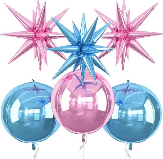 6Pcs Pink Blue Foil Balloons,22Inch Blue Pink 4D Round Ball Balloon and Explosion Star Balloon for Gender Reveal Birthday Wedding Baby Shower Anniversary Decorations
