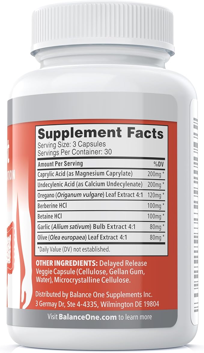 Balance ONE Candida Support with Caprylic Acid, Berberine & Oregano Leaf Extract – Supports Healthy Yeast Balance & Gut Flora – Delayed Release Capsules, 1 Month Supply, for Women & Men – CandAssist