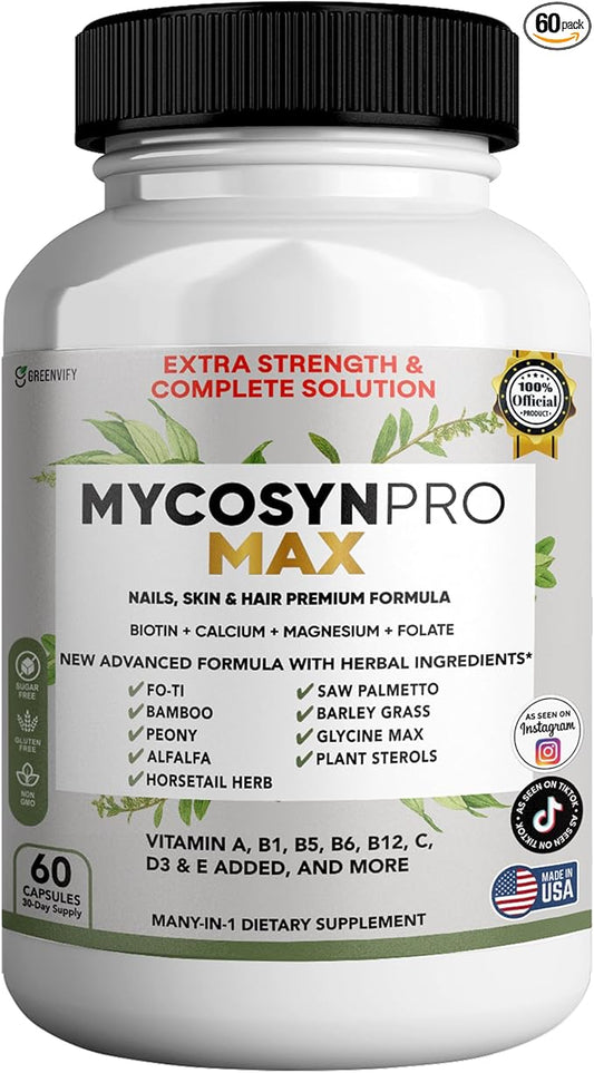 Mycosyn Pro Max Hair Skin Nails Supplement, 60 Capsules, 30 Day Supply, with Biotin 5000mcg, Vitamins A B C D E, Minerals (1)