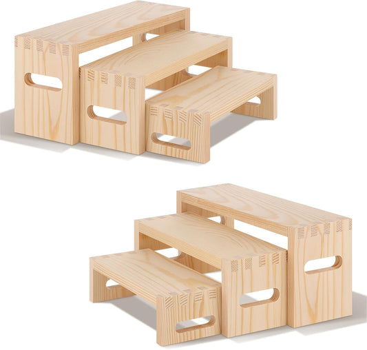 6 Pcs Wood Risers Display Stands, 2 Set Wooden Risers for Table Display, 3 Tier Rectangular Riser Display Stand Wooden for Cupcake, Desserts, Perfume, Collections, Jewelry Showcase (Nature)
