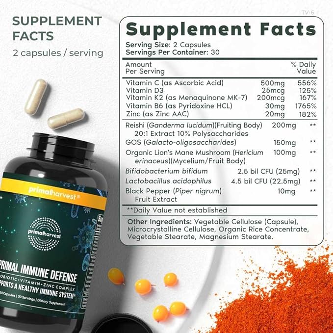 Primal Harvest Primal Immune Defense: 10-in-1 Immune Support with Probiotics, Zinc, Vitamins C, B6, D3 & K2, Immune Booster for Adults 60 Capsules (2-Pack)