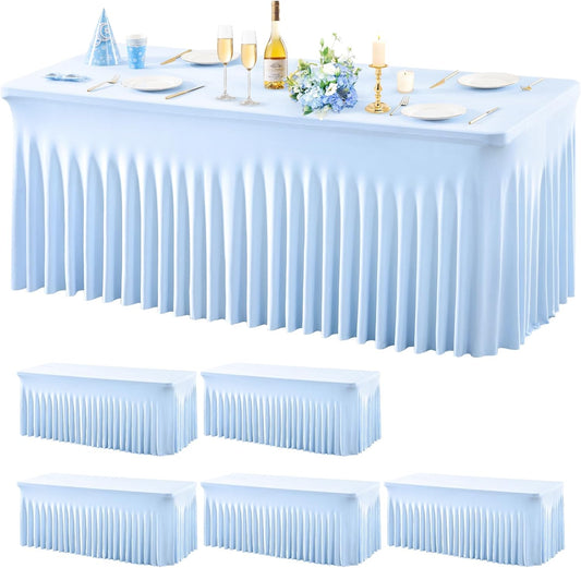Wish Care 6 Pack Baby Blue Spandex Table Clothes for 6 Foot Rectangle Tables, 6FT Wrinkle Free Fitted Tablecloths Ruffles Design Table Cover for Party, Banquet, Wedding and Events