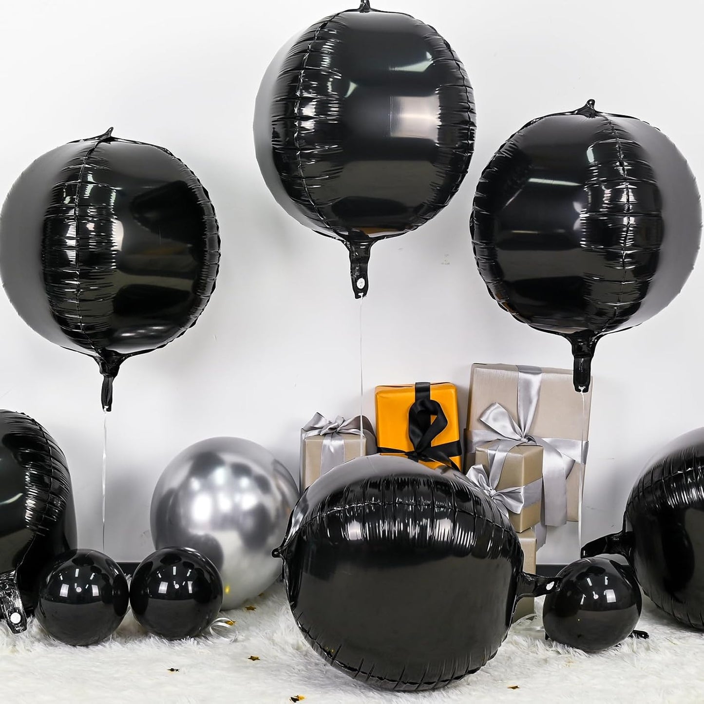 6Pcs Black Round Foil Balloons,Giant 4D Round Ball Balloons,22 Inch Metallic Black Balloon for Birthday Wedding Graduation Prom Party Decorations