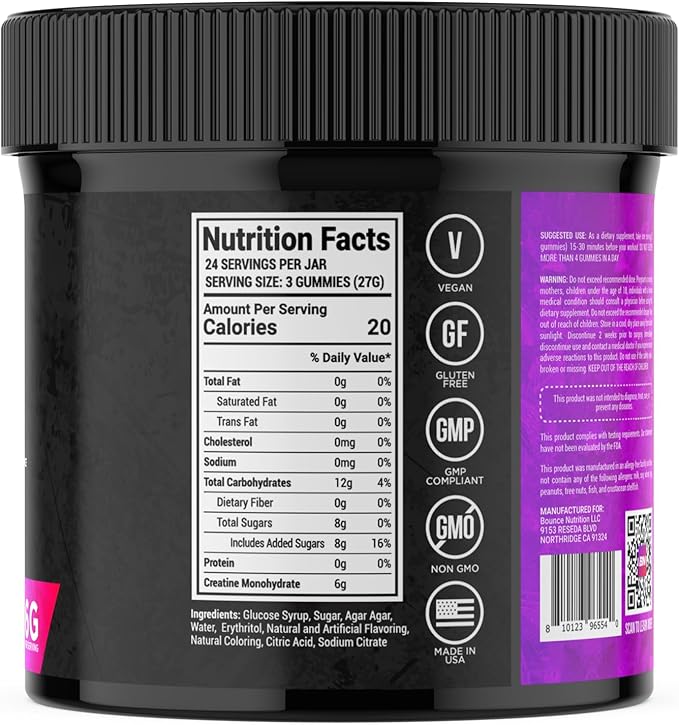 Bounce Pro Creatine Monohydrate Gummies for Men & Women, Low Calorie, 6G of Creatine per Serving, Vegan, Anti-Melting, Gluten-Free, Non-GMO, 2g of Creatine per Gummy (72ct, Berry Snow Cone)