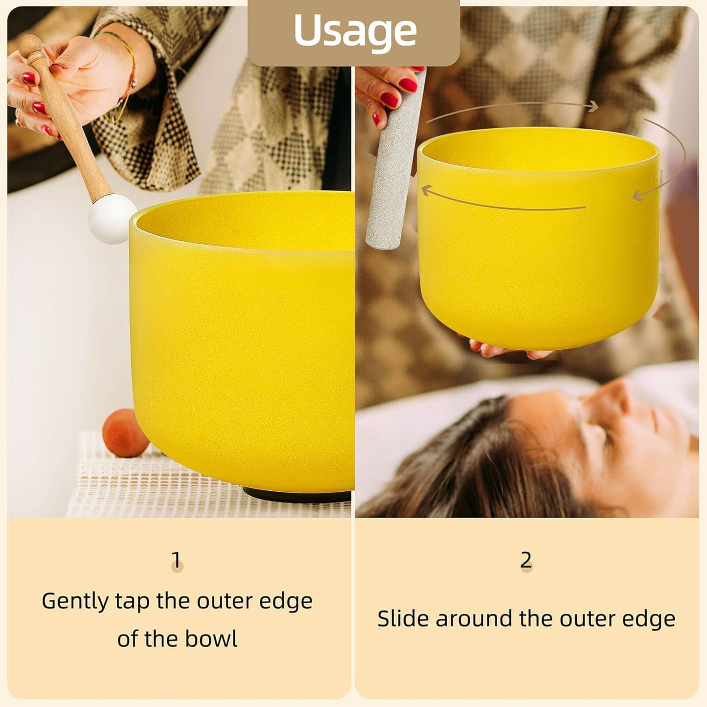 10 inch Yellow E Note Solar Plexus Quartz Crystal Singing Bowl, for Healing Mindfulness Meditation Yoga Sound Baths, with Rubber Mallet O-ring