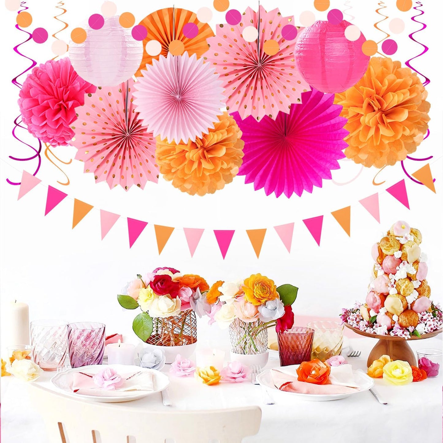 Hot-Pink Burnt-Orange Fall Party Decorations - 33pcs Birthday Baby Shower Banner,Streamers Tassel Garland,Sunset Autumn Thanksgiving Tissue Pom Poms,Paper Lantern Fans,Wedding Backdrop Decor Hugtmr
