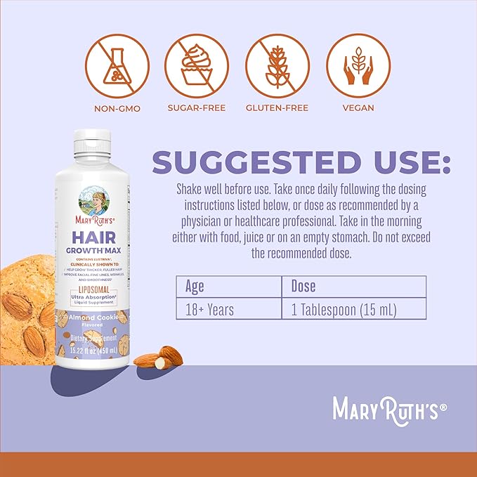 MaryRuth Organics Women's Hair Growth MAX Liposomal | with Lustriva® + Biotin 10000mcg + Pumpkin Seed Oil | Thicker Hair | Hair Care | Wrinkles, Fine Lines, Skin Care | Ages 18+ | 15.22 Fl Oz