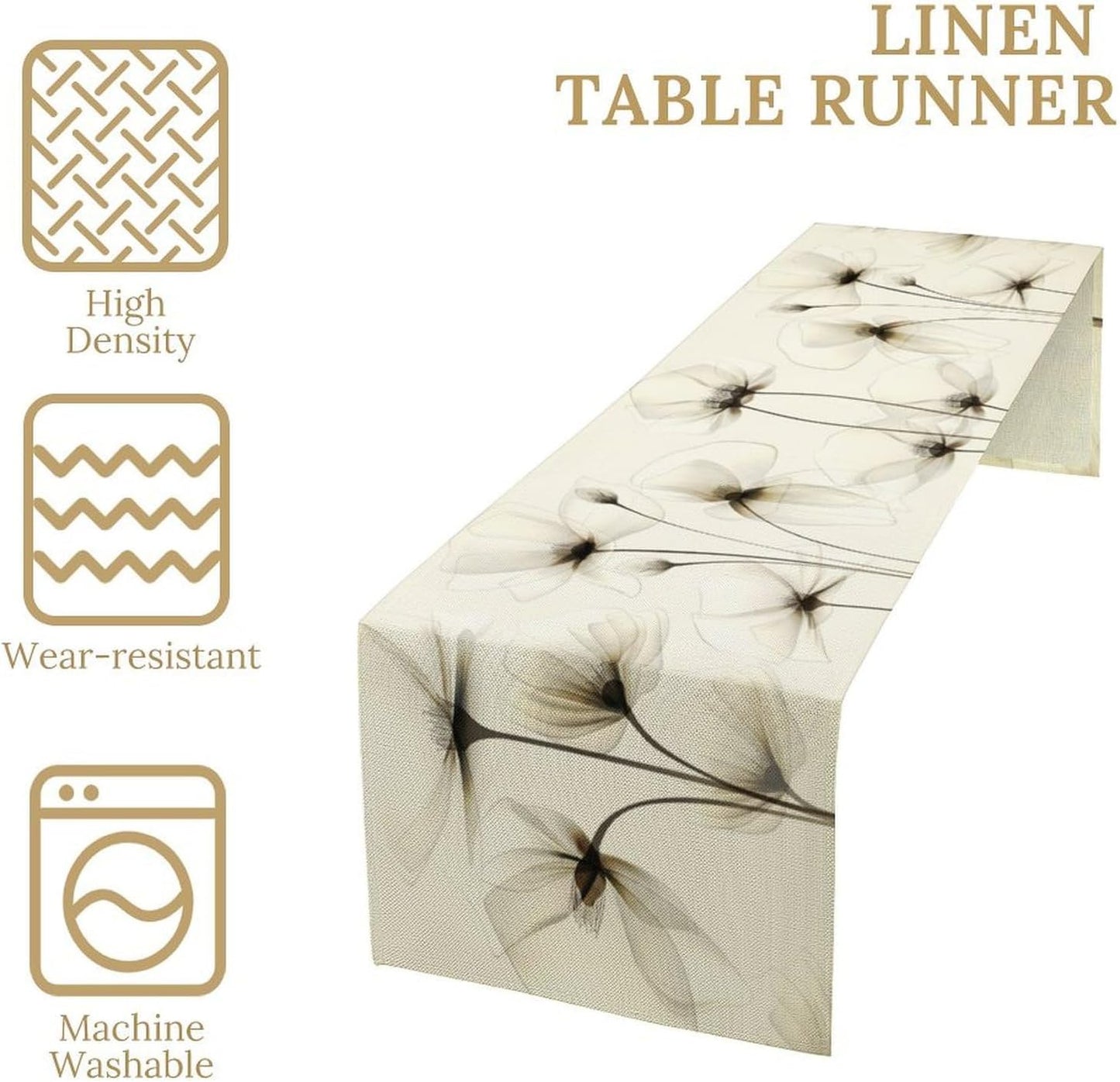 Abstract Floral Table Runner, Watercolor Transparent Beige Poppy Flowers Print Kitchen Dinning Table Runner for Indoor Outdoor Home Wedding Party Holiday, 13x60 Inch