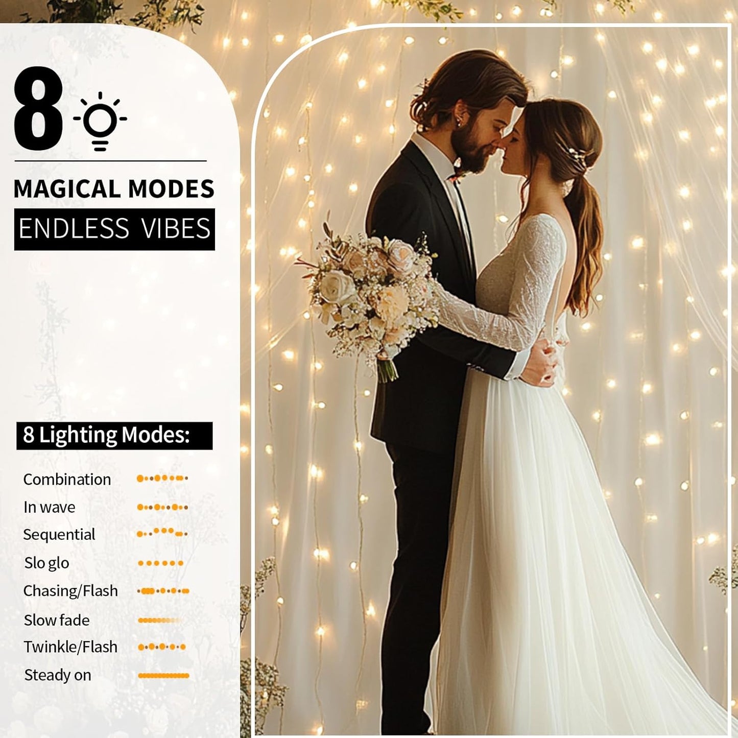 White Tulle Backdrop Curtain with Lights String - 10x10ft Sheer Backdrop with 300 LEDs for Wedding, Baby Shower, Bridal Shower, Birthday Party Photo Shoot Background and Home Decorations