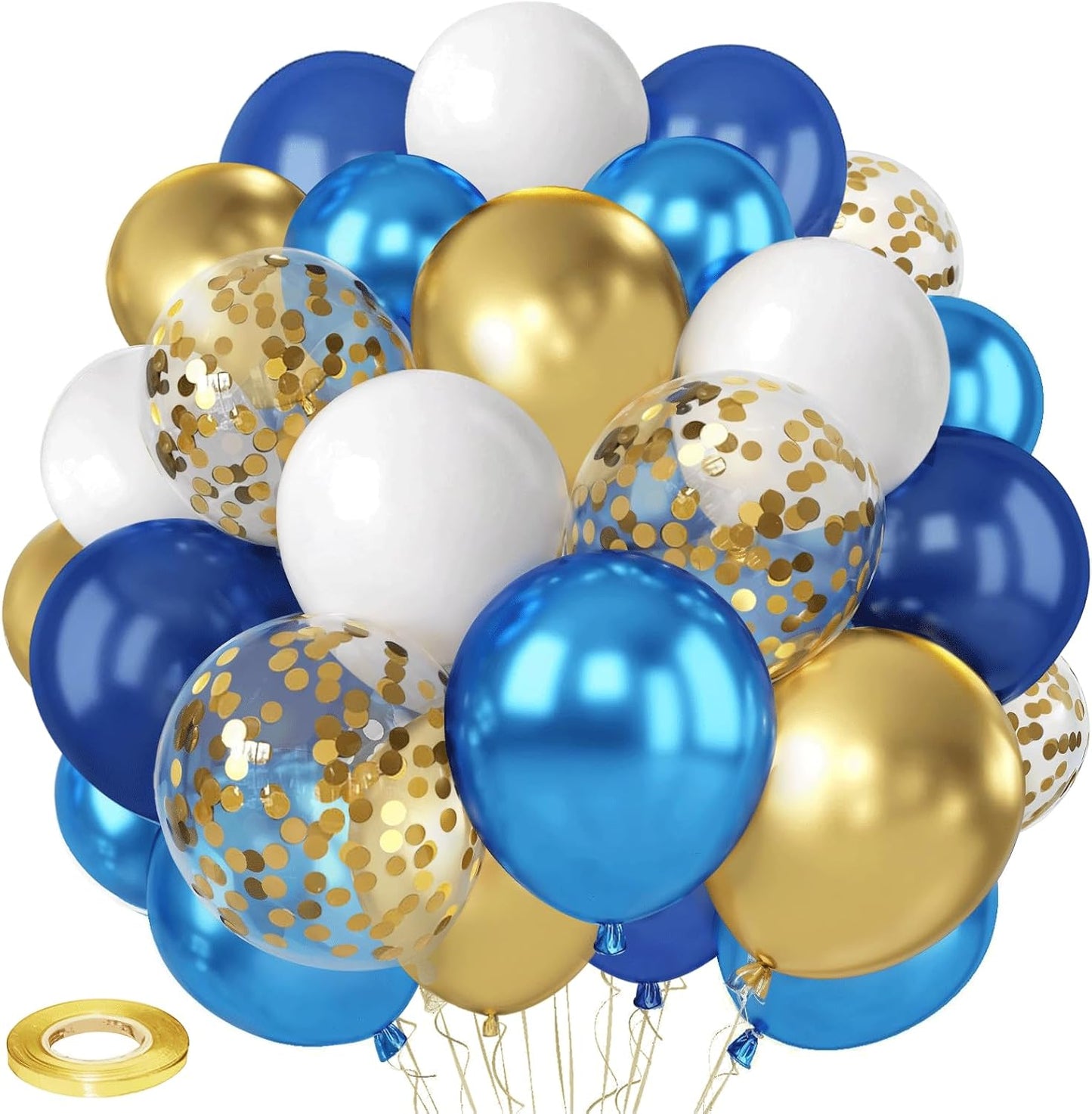 Navy Blue and Gold Confetti Balloons, 50pcs 12 Inch Metallic Blue Latex Confetti Balloons Matte White Latex Balloons with 33 Feet String for Birthday Wedding Gender Revea Decorations