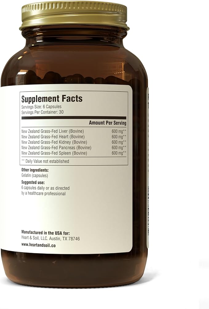 HEART & SOIL – 3000mg Grass-Fed Beef Organ Supplement for Women & Men with Liver, Heart, Kidney, Pancreas & Spleen for Full-Body Nutrition & Energy – Non-GMO, Allergen-Free – 180 Capsules