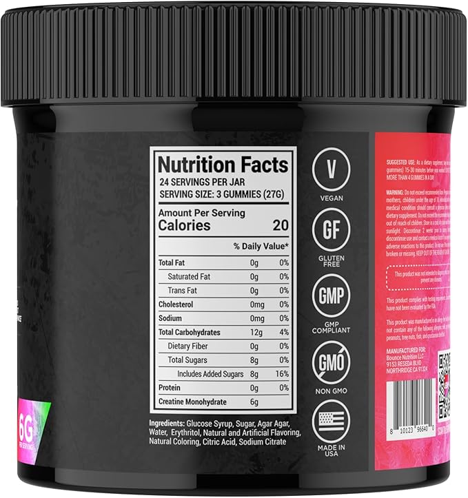 Bounce Pro Creatine Monohydrate Gummies for Men & Women, Low Calorie, 6G of Creatine per Serving, Vegan, Anti-Melting, Gluten-Free, Non-GMO, 2g of Creatine per Gummy (72ct, Watermelon)