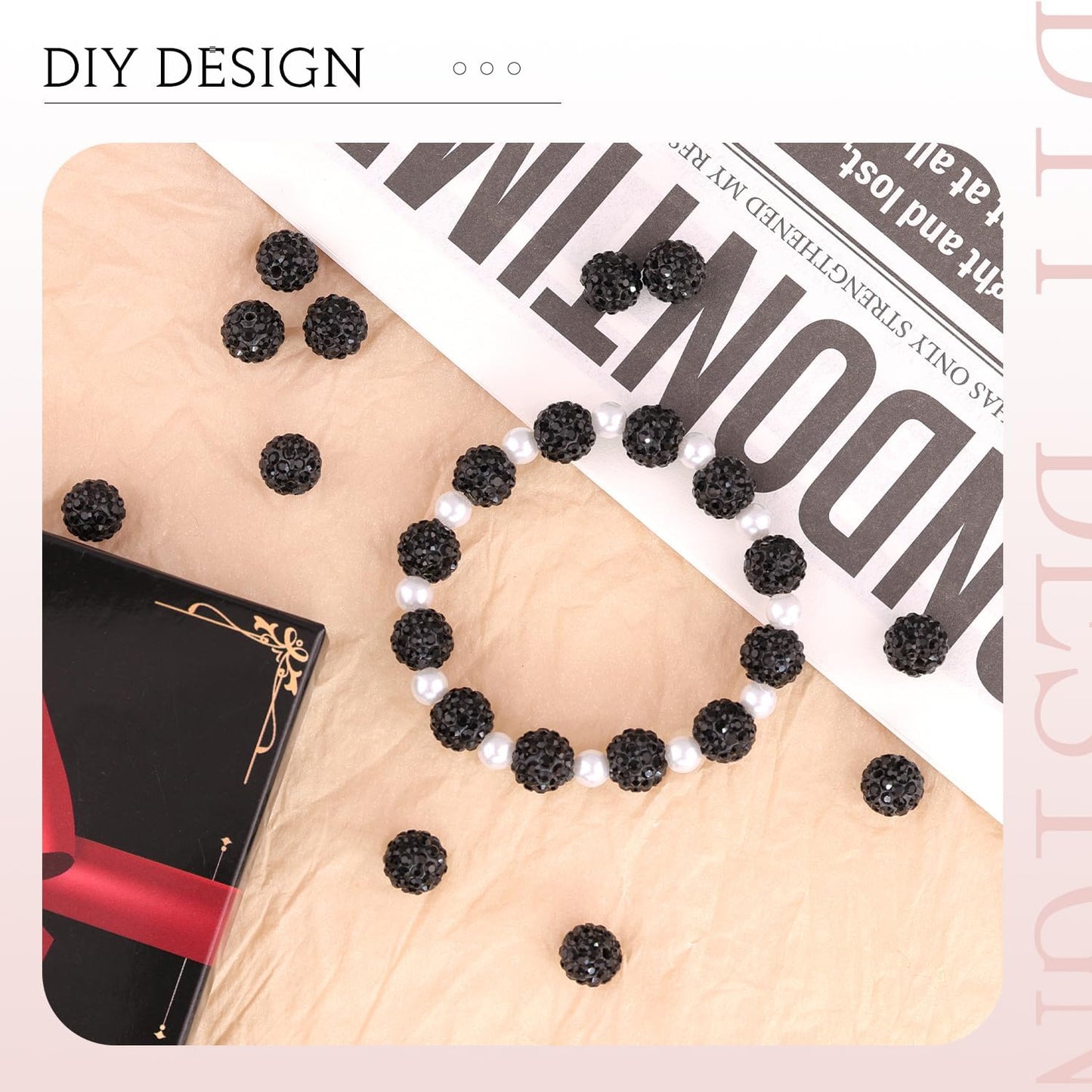 200pcs 10mm Black Rhinestone Beads for Jewelry Making, Shiny Round Shamballa Disco Ball Beads Bulk, Sparkle Crystal Clay Christmas for Bracelet Baseball Necklace Earring Crafting and DIY