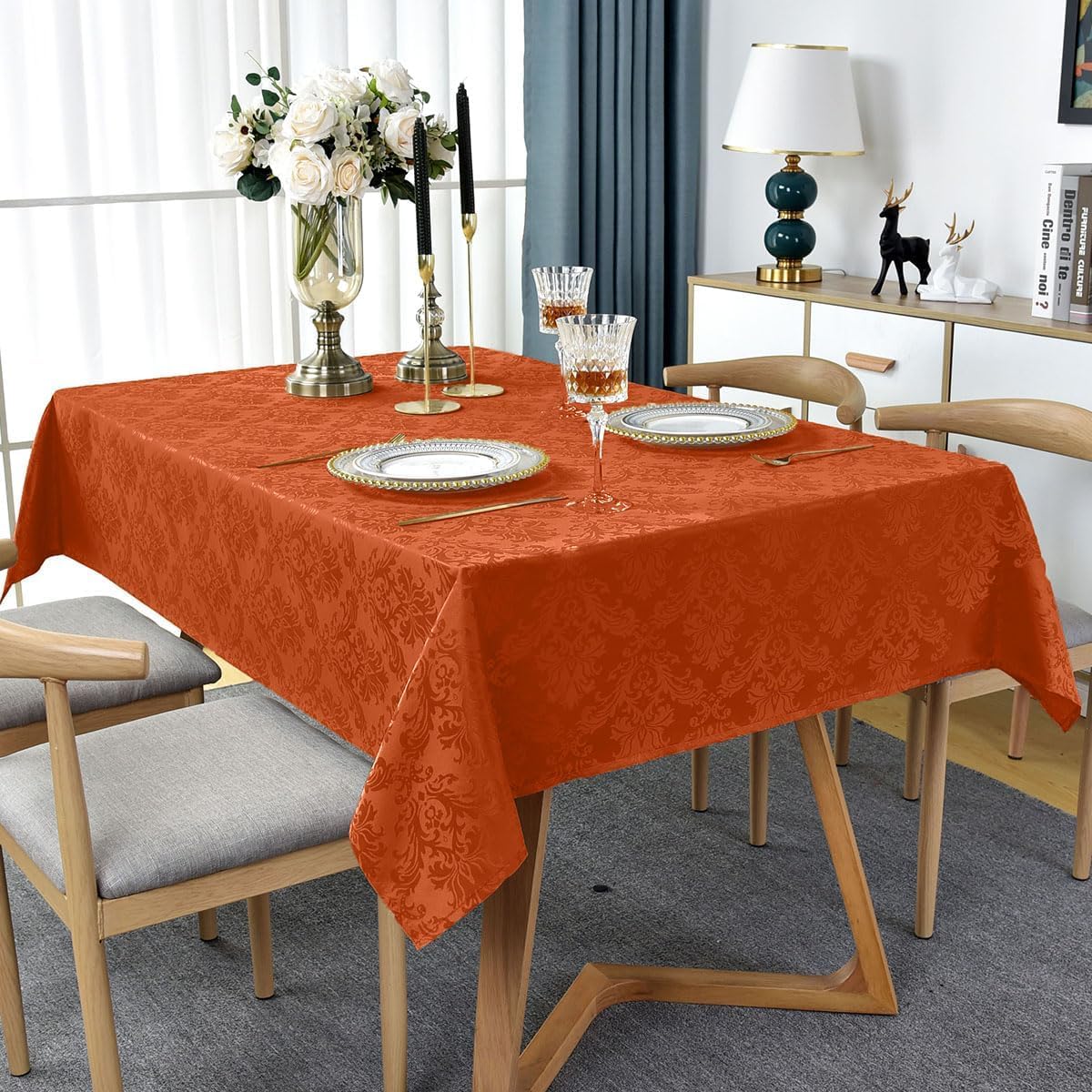 Jacquard Tablecloth Rectangle 60 x 84 Inch, Spill Proof Anti-Shrink Damask Autumn Table Cloth, Durable Polyester Table Cover for Fall, Harvest, Thanksgiving, Holiday, Rusty/Orange