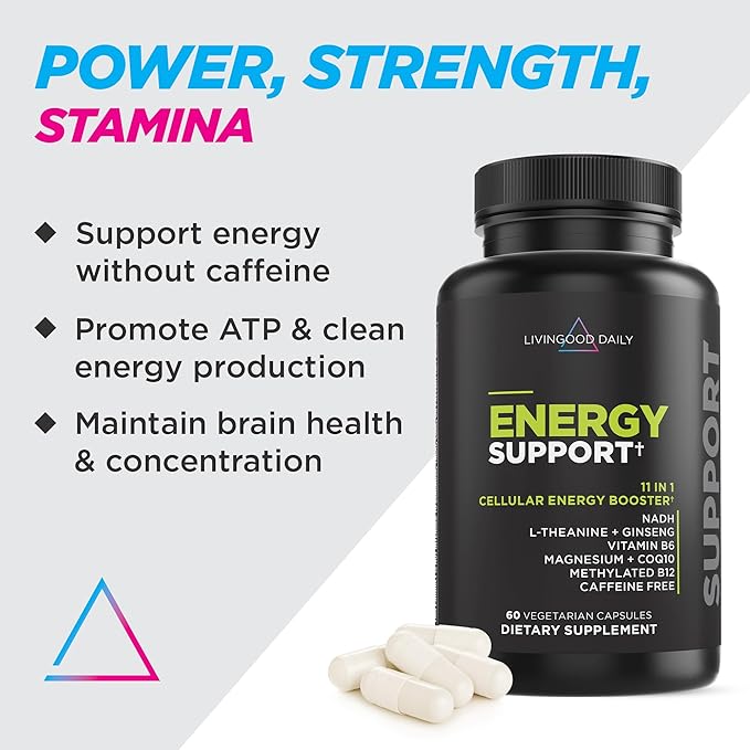 Livingood Daily Energy Support, 11-in-1 Supplement with Magnesium, Vitamin B6, B12, Amino Acids, L Carnitine, CoQ10, Ginseng & L Theanine, Supports Natural Energy for Men & Women, Vegan, 60 Capsules