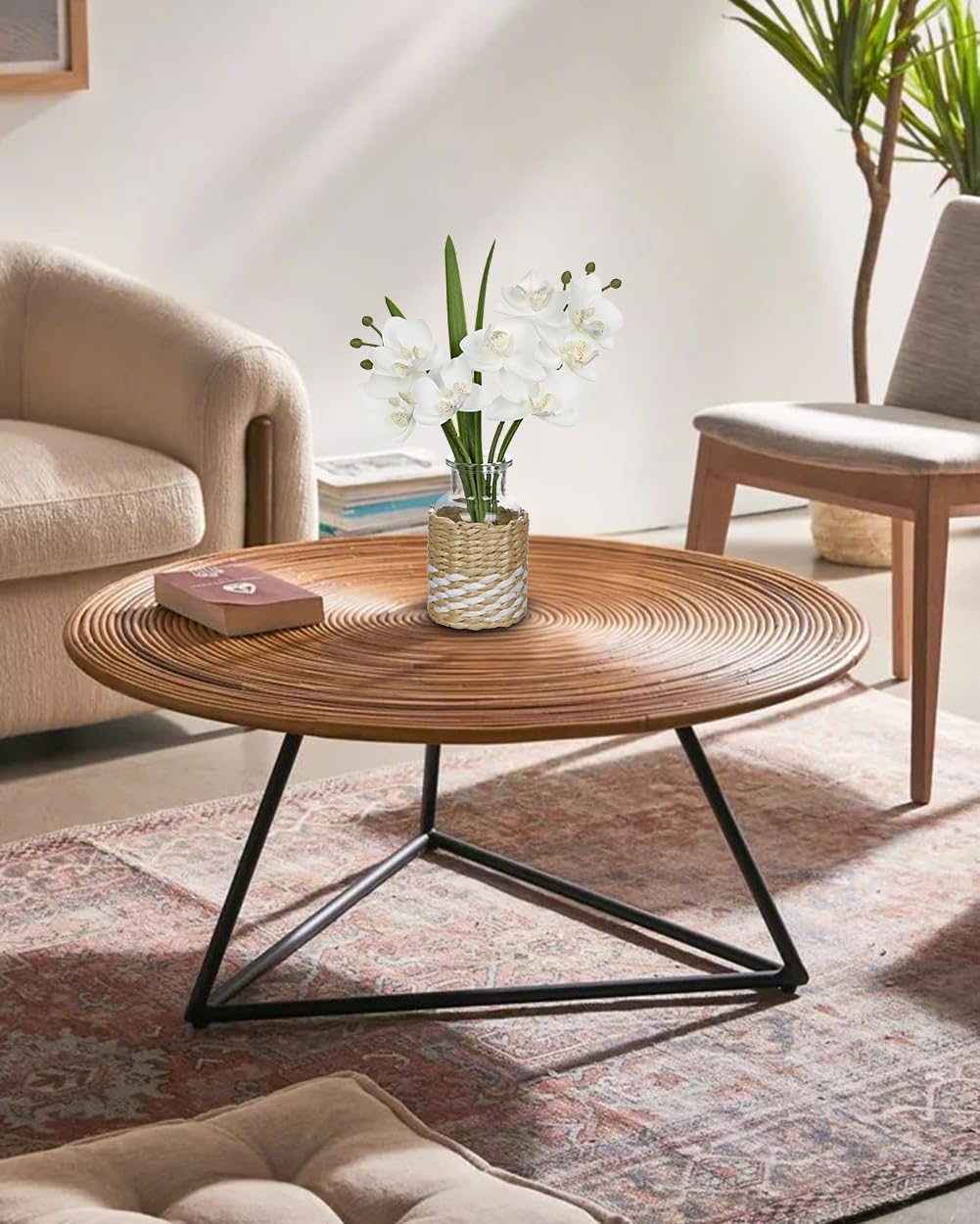 White Orchids Artificial Flowers with Vase, Small Faux Orchid Arrangement Fake Flower in Woven Glass Vase Small White Centerpieces for Kitchen Dining Room Tables Bathroom Nightstand Decor