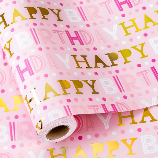 Yarcony Girl Birthday Wrapping Paper Roll, Pink and Gold Wrapping Paper, Gold Foil Girly Happy Birthday Lettering Design Pink Gift Wrap for Girls Women, Baby Shower, Christmas(17 Inch X 33 Feet)