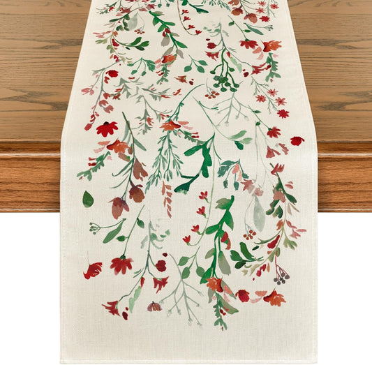Artoid Mode Floral Leaves Christmas Table Runner, Wild Flowers and Grasses Winter Kitchen Dining Table Decoration for Home Party Decor 13x120 Inch