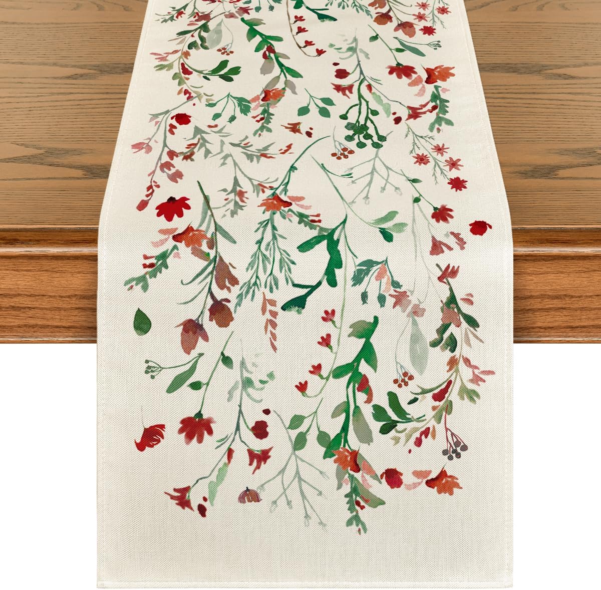 Artoid Mode Floral Leaves Christmas Table Runner, Wild Flowers and Grasses Winter Kitchen Dining Table Decoration for Home Party Decor 13x72 Inch