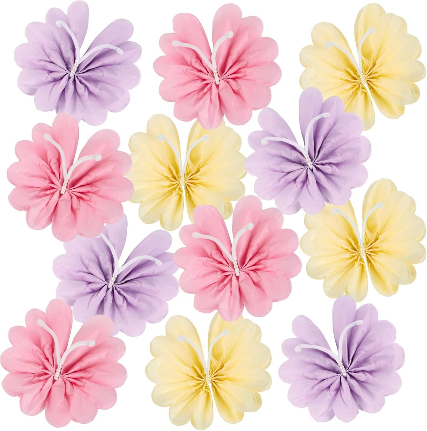 12PCS Butterfly Tissue Paper Pom Poms, 3D Butterfly Birthday Party Decorations, Khaki Pink Purple Butterfly Hanging Decorations for Girls Wedding Baby Shower Decor