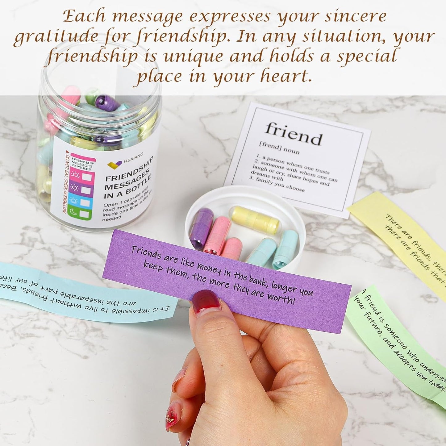 Friendship Messages in a Bottle（5oz）,Friendship Gifts for Your Bestfriend,Women,BFF, Sister, 50PCS Pre-Written Capsule Letters Gifts for Valentine’s Day,Birthday,Thanksgiving, Chrismas Day.