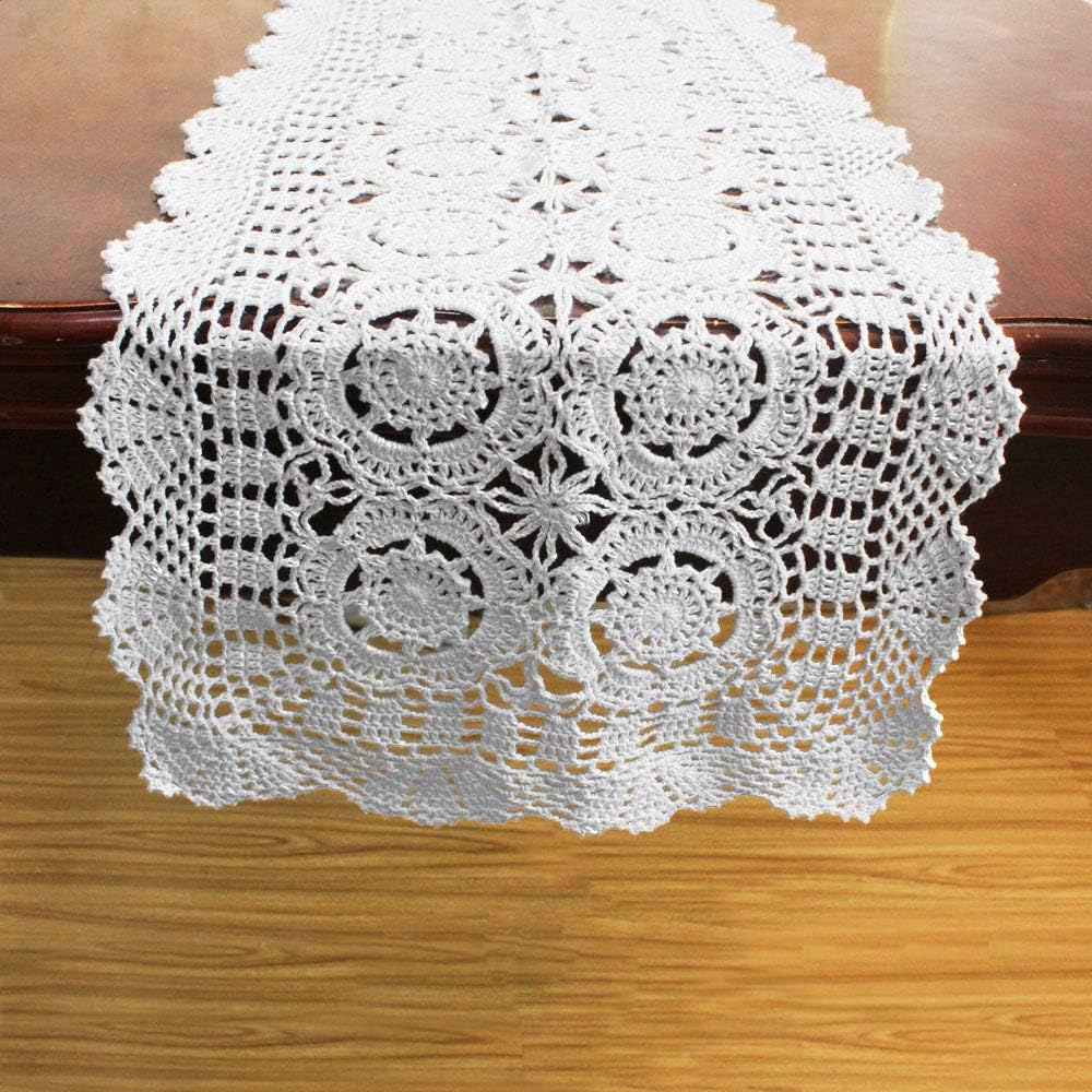 KEPSWET Cotton Handmade Crochet Lace Table Runner White Rectangle Coffee Table Dresser Decor (14x48 inch)