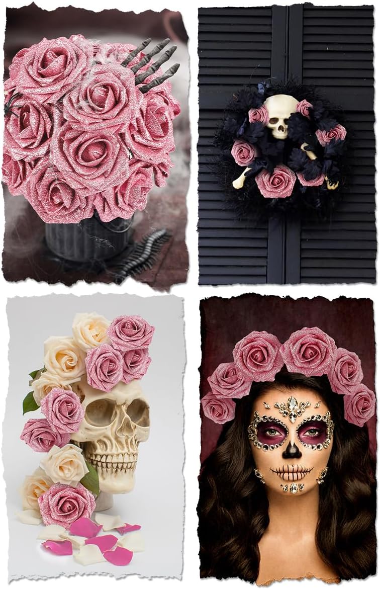N&T NIETING Artificial Flowers Glowing Dark Pink Flowers Foam 25pcs Glitter Roses Real Looking Fake Roses with Stem for DIY Wedding Bouquets Centerpieces Bridal Shower Party Home Decorations