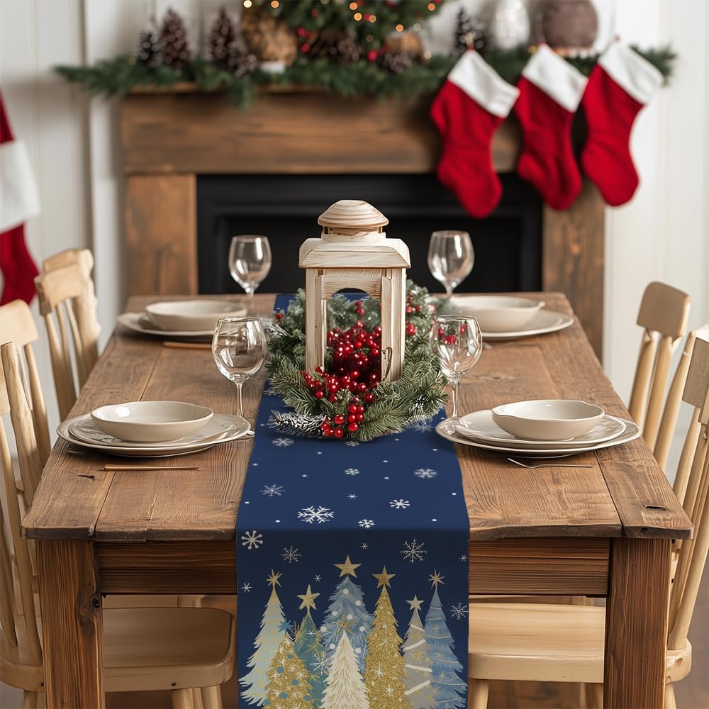 GEEORY Christmas Table Runner 13x48 Inch, Xmas Trees Snowflakes Holiday Decorative Farmhouse Table Decoration for Kitchen Dinning, Indoor Outdoor Dinner Party Decor (Blue) GT151-48