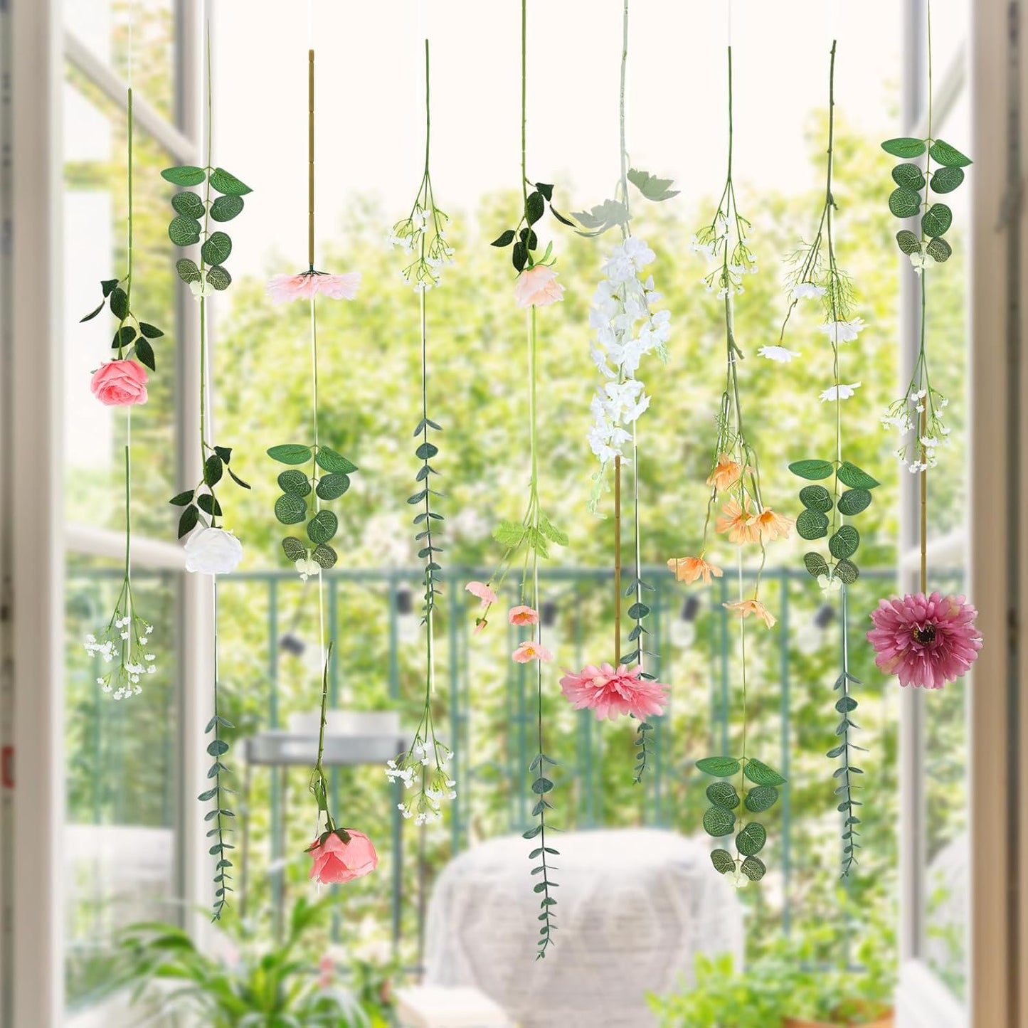 Hoteam 26 Pcs DIY Flower Garland Artificial Hanging Wildflower Backdrop Set Fake Rose Eucalyptus Daisy Poppy Wild Flower Decor for Wedding Party Birthday Home Garden (White,Champagne,Pink)