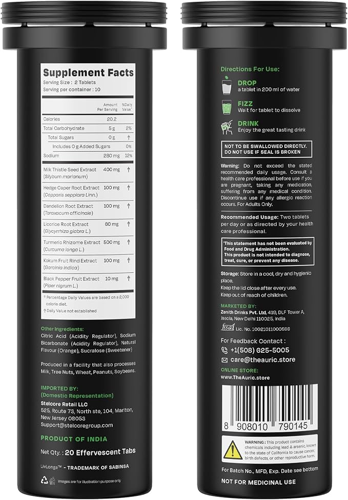 Auric Herbal Liver Support Supplement | Milk Thistle (Silymarin), Turmeric, Garlic, Ginger for Liver Health | Advanced Detox & Cleansing Formula for active Liver | 20 Tablets | Plant Based Gluten-Free