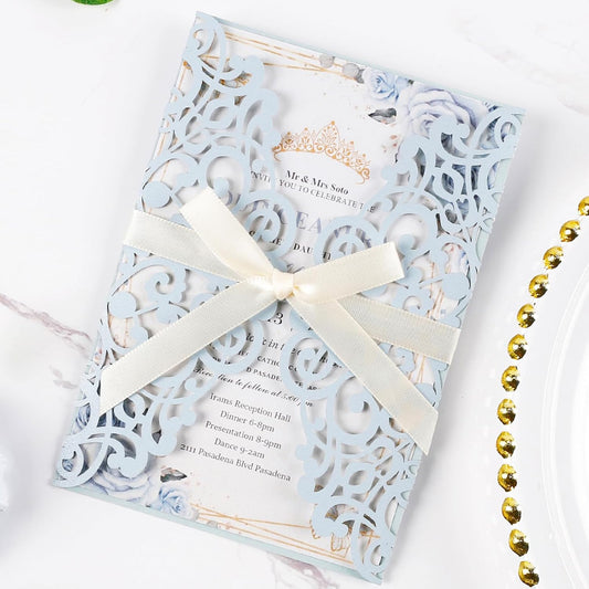 50pcs Laser Cut Wedding Invitation Pockets 5x7 '' Dusty Blue Wedding Invitations Kit With Envelopes Blank Inner Sheet and Ribbon for Wedding Bridal Shower Quinceanera Engagement Party Invite