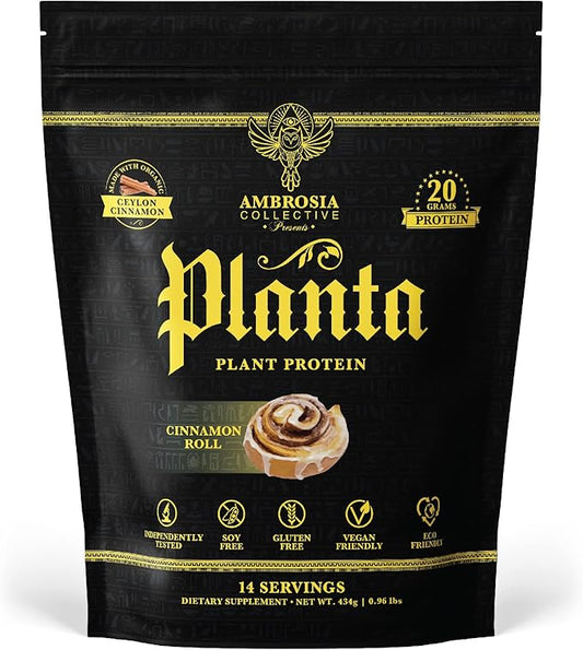 Ambrosia Planta - Premium Organic Plant-Based Protein | Vegan & Keto Friendly | Gourmet Flavors with No Bloating or Stomach Upset | Gluten & Soy Free | No Added Sugar | 14 Servings | (Cinnamon Roll)