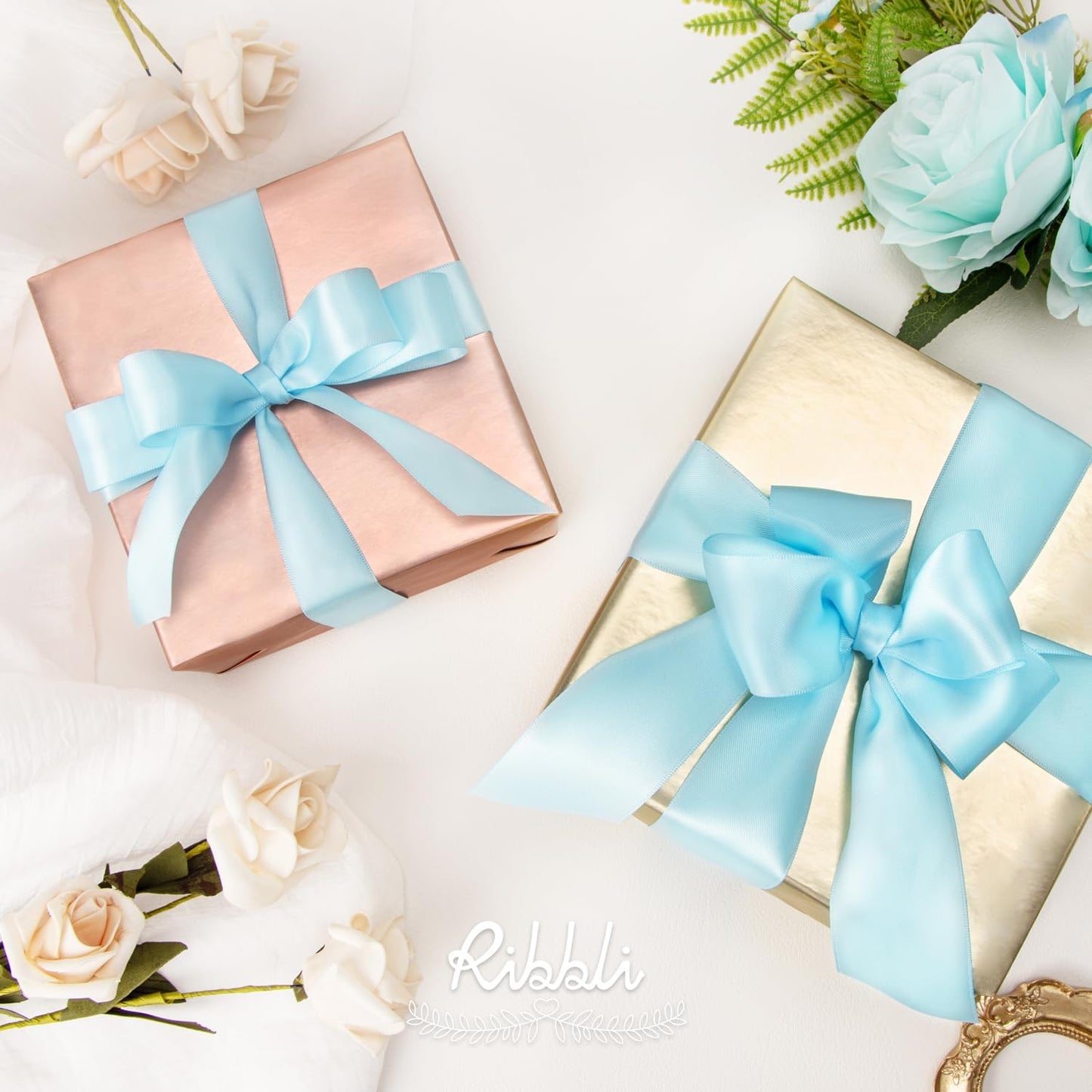 Ribbli Light Blue Double Faced Satin Ribbon,1” x Continuous 25 Yards,Use for Bows Bouquet,Gift Wrapping,Baby Shower,Floral Arrangement