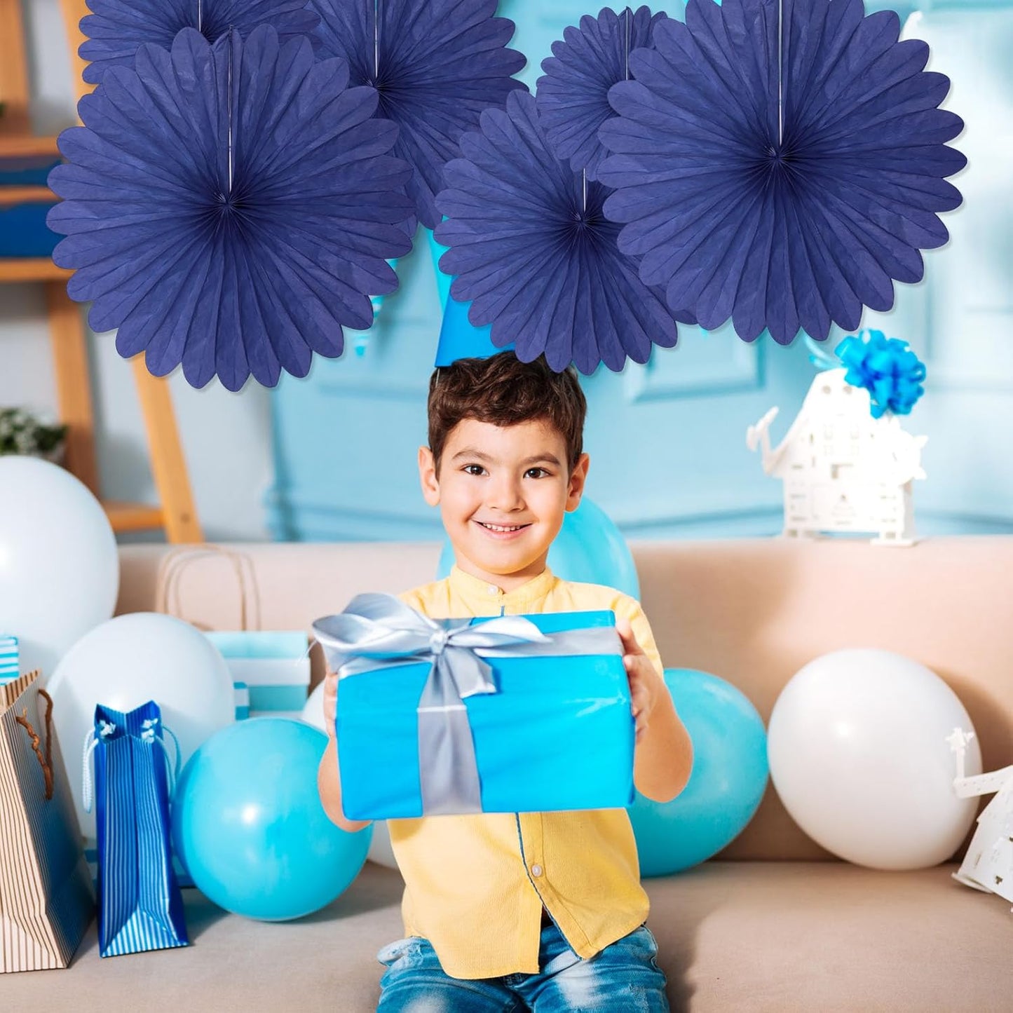 20 Pcs Blue Hanging Paper Fan, Round Paper Fans Decorations Set for Weddings, Birthdays, Engagement, Bridal Shower, Baby Shower Event, Graduation, Party Supplies Decor