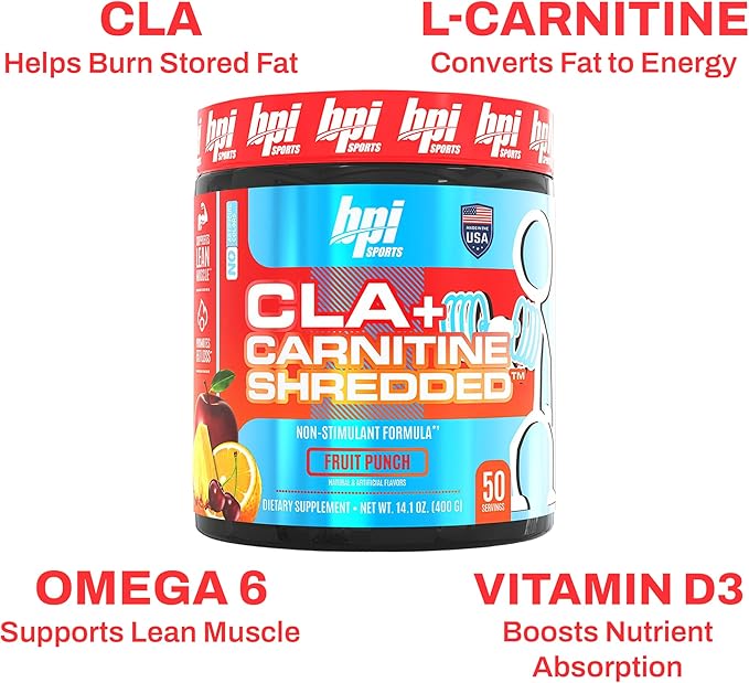 BPI Sports CLA + Carnitine Shredded - Convert Fat Cells Into Energy and Supports Lean Muscle, Boost Metabolism - Non-Stimulant L-Carnitine Supplement - Fruit Punch (14.1 oz. / 50 Servings)
