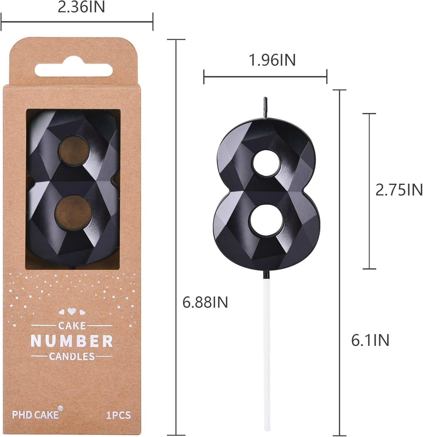 PHD CAKE 2.76 Inch Crystal Black 8 Number Birthday Candles, Red Number Candles, Cake Number Candles, Party Celebration