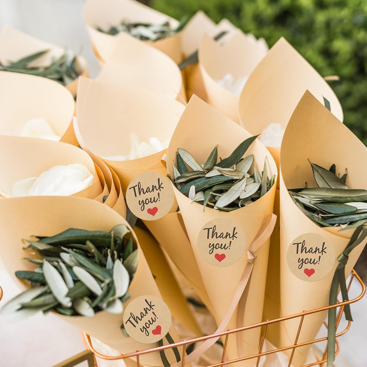 PATIKIL Dried Flower Confetti Cones, 30Pcs Paper Tapers Cone Holder with Dried Rose Petals / Sticker for Wedding Party Engagement Birthday DIY Decoration, Yellow/Green