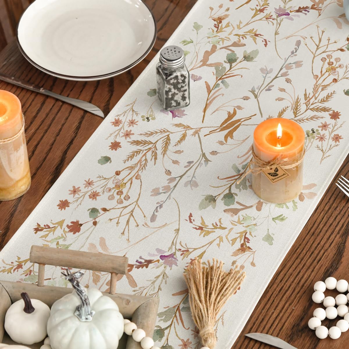 Artoid Mode Floral Leaves Fall Table Runner, Wild Flowers and Grasses Seasonal Autumn Kitchen Dining Table Decoration for Home Party Decor 13x120 Inch