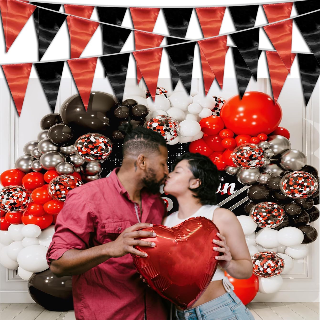 130FT Red Black Triangle Pennant Banner Flag Metallic Fabric Bunting Garland for Christmas Graduation Bachelorette Anniversary Birthday Engagement Wedding Anniversary Casino Party Decorations Supplies