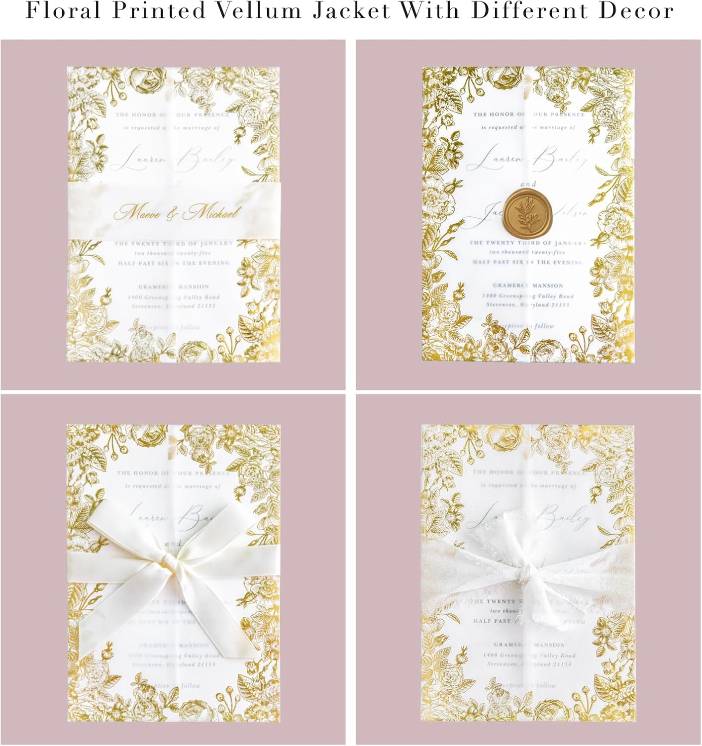 PONATIA 50 PCS Vellum Jackets for 5x7 Wedding Invitation Cards- 135gsm Floral Printed Vellum Sleeves, Invitation Cards Wraps (Champagne Gold Foil)