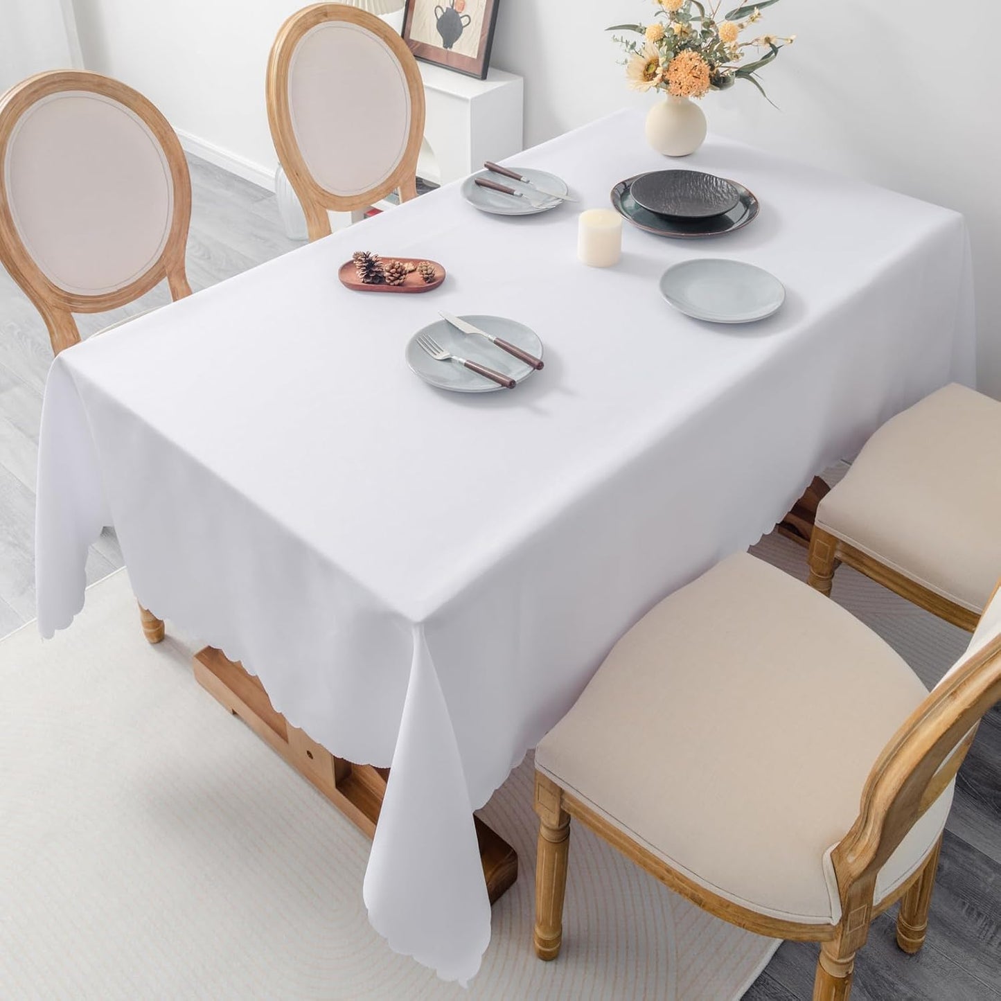Rectangle White Tablecloth 60 x 84 Inch Polyester Fabric Washable Table Cloth Decorative Wrinkle Resistant Solid Color Table Cover for Dining Party Wedding Camping