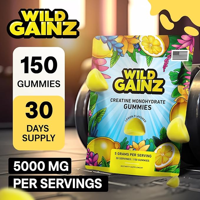 Creatine Monohydrate Gummies for Men & Women 5000mg - Made in USA, Potency Tested, Vegan, Supports Muscle Growth, Strength & Cognitive Function, Non-GMO Gluten-Free Lemon Flavored Creatine 150 Chews